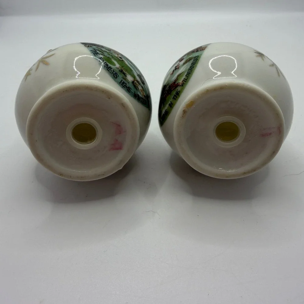 Vintage Enesco Homestead Salt and Pepper Shakers Winter‎ Scenes Gold Trim Set